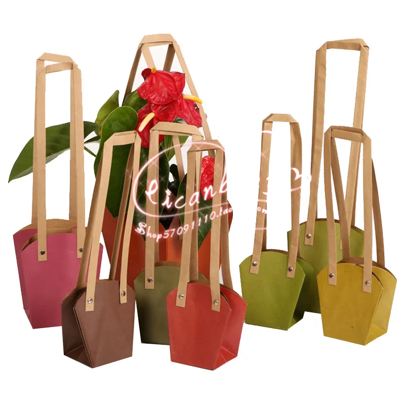 10pcs Kraft Paper Bag Waterproof Flower Arrangment Packing Bags With Paper Rope Customize Bonsai package plant pot carrier