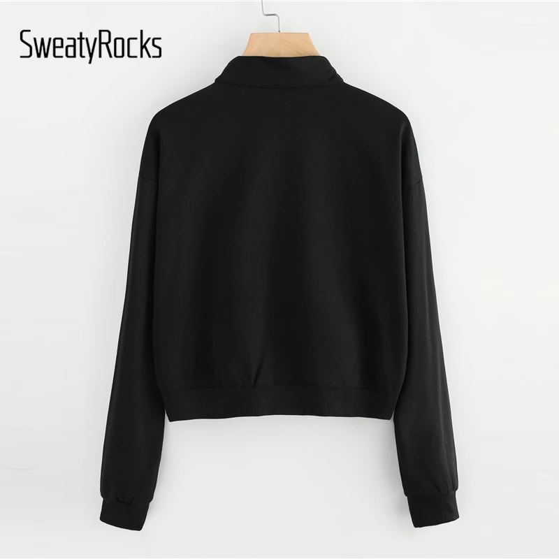 SweatyRocks черный уличная укороченный топ с цветными блоками, с длинным рукавом, в полоску, на молнии, с воротником, пуловеры для женщин, осенний спортивный Свитшот