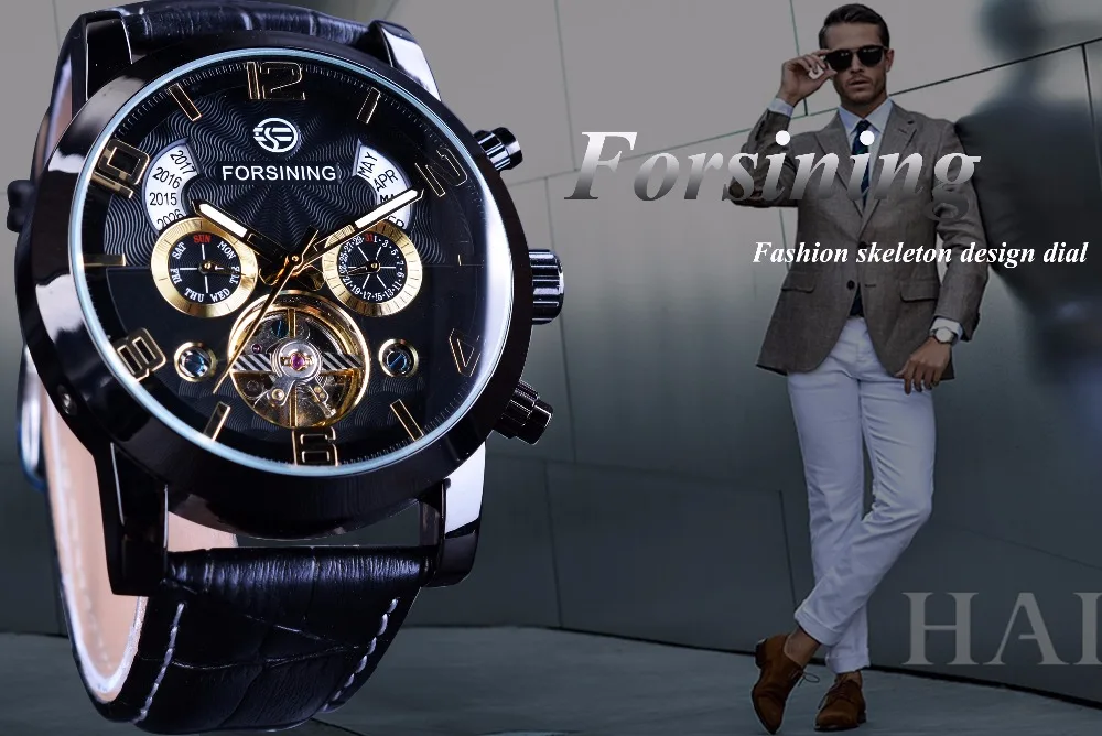 Forsining Tourbillion ل الأزياء موجة الأسود الذهبي ساعة متعددة وظيفة عرض رجل التلقائي ساعات آلية أعلى العلامة التجارية الفاخرة