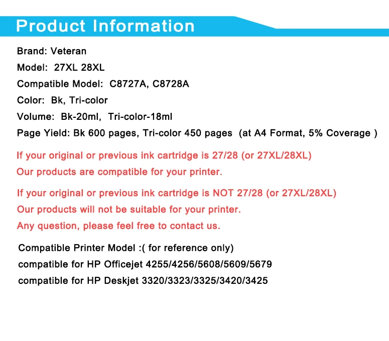 Сменный картридж Veteran для hp 27 28 hp27 hp28 Deskjet 3320 3325 3743 3744 3745 3748 3845 3847 3848 4212 4215 PSC
