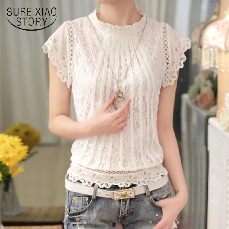 

HOT 2017 New arrival summer new Korean lace short sleeveless chiffon shirt Women Hollow-Out causal clothing S-XXL 820C