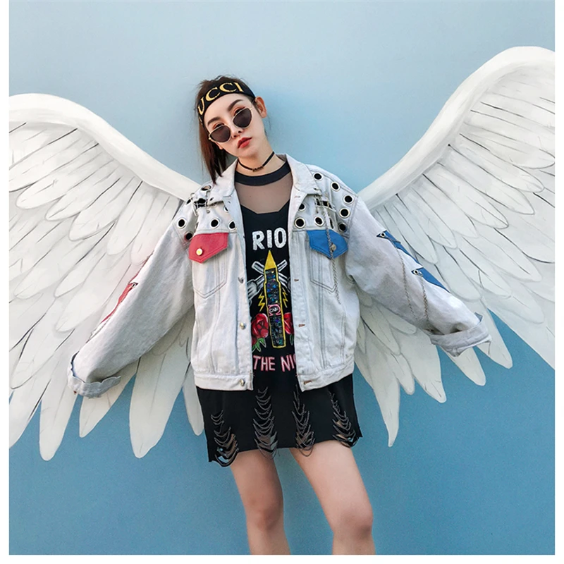 Mélangées La Taille Plus Aigle Nouveau Impression Lâche Lx106 Light Rue Veste Femmes Blue Chaîne Femme Printemps Manteaux Jeans 2018 Denim Couleurs nO7BYY