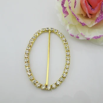 

(BU30 50mm)100pcs Oval Diamante Rhinestone Buckle Gold Tone Chair Sash Ribbon Slider