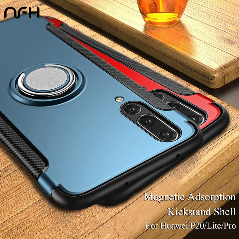 

NFH Phone Case For Huawei P20 Case Capa Adsorption Finger Ring Kickstand Back Cover Fundas Case For on Hwawei P20 Lite Pro Shell