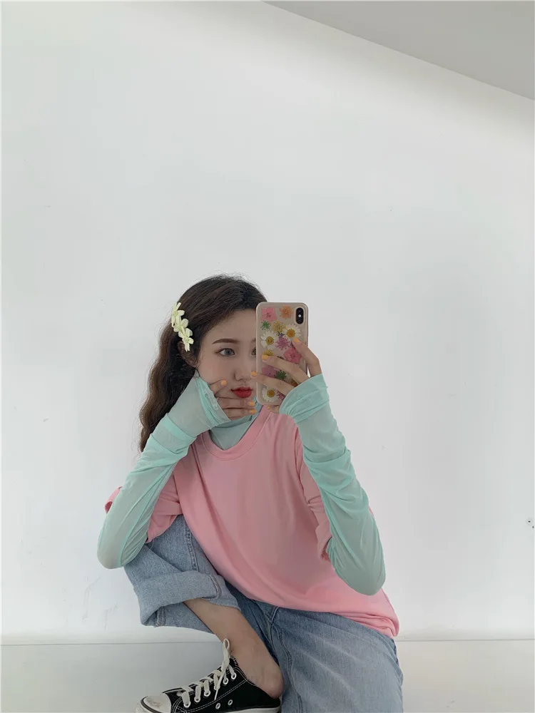 Женская Корейская Милая однотонная прозрачная сетчатая Водолазка с длинным рукавом+ Harajuku свободная футболка с коротким рукавом и круглым вырезом