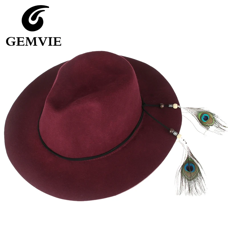 Women Vintage Solid 100 Pure Wool Fedoras Hats with Feather Wide Large