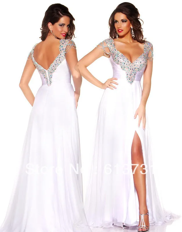 2013 New Arrival Discounted Cap Sleeves V Neck Beads and Sequins White Evening Gowns Long Prom Dresses 42579P | Свадьбы и торжества