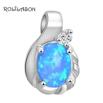 

ROLILASON New Water Drop White Crystal Fashion Jewelry Blue Fire Opal Silver Fashion Necklaces Pendants for Women OP732