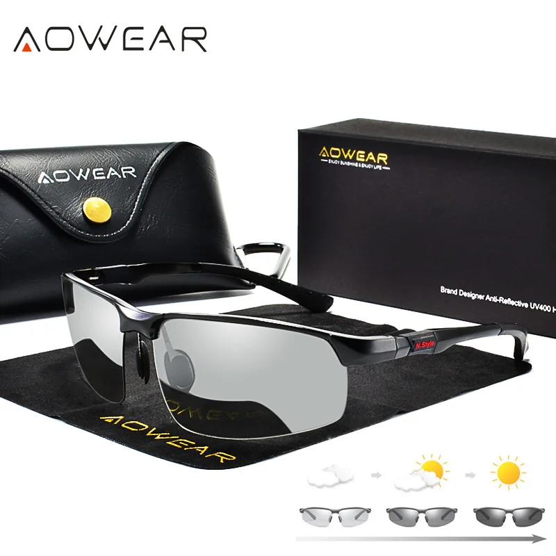 AOWEAR Photochromic Sunglasses Men Polarized Day Night Driving Glasses High Quality Aluminium Rimless Chameleon Eyewear Gafas