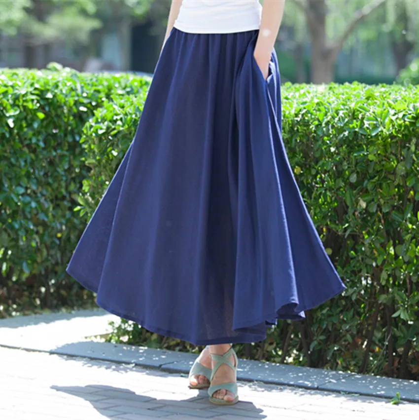 

Women Summer Long Skirts Linen Cotton Elastic Waist Pleated Maxi Skirts Beach Boho Vintage Skirts 0314-43
