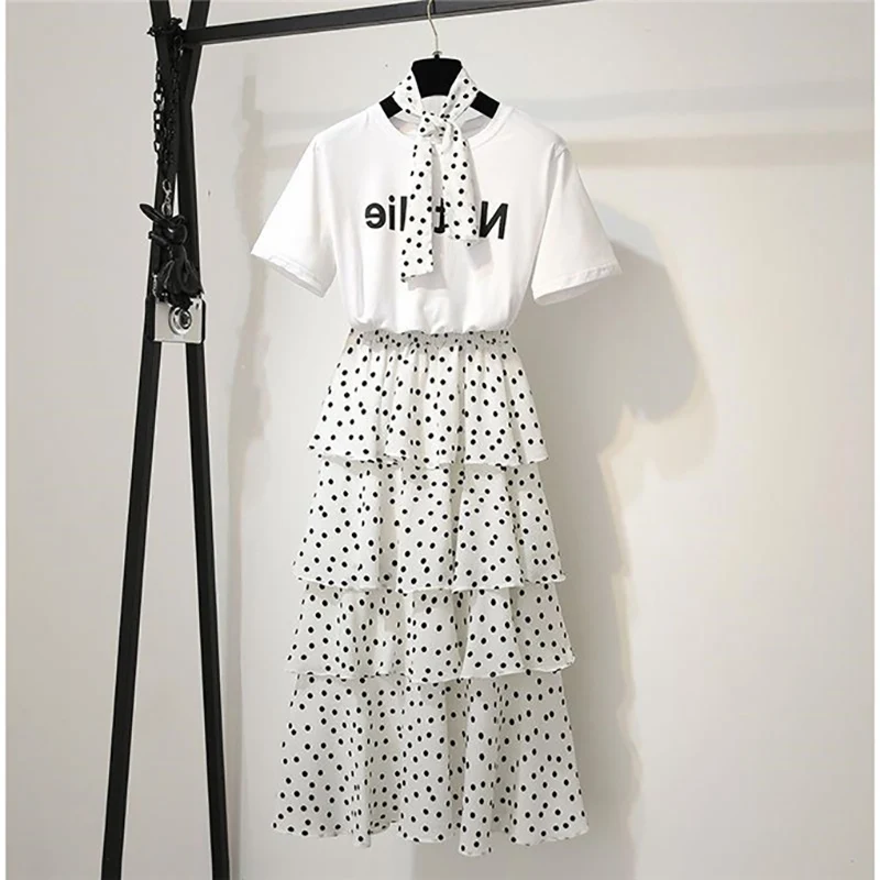

Two Piece Set Women 2019 Summer Letter Print TShirts Top and Polka Dot Ruffles Skirts 2pcs Set Clothes Suits Conjuntos Mujer
