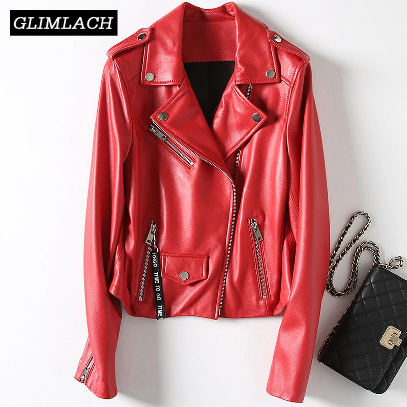 

2019 Red Biker Motorcycle Leather Jacket Women Autumn Slim Lapel Luxury Genuine Sheep Leather Coat Ladies Fashion Clothes Female