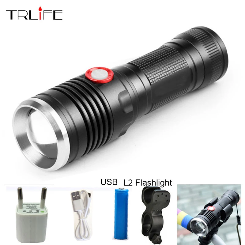 

USB T6/L2 LED Tactical Flashlight Lantern Aluminum 26650 Torch Flash Light Camping Lamp with Smart Power Reminder