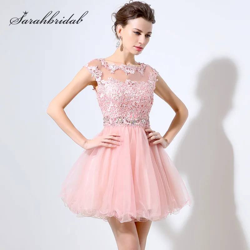 

Sweety Portrait Homecoming Dresses with sleeveless Capped Lace Beaded Crystal Tulle Mini Length Party Gowns Sleeveless Hot LX011