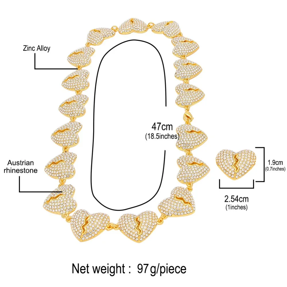 Ожерелья в форме разбитого сердца полный льдом CZ Стразы золотое серебряное ожерелье-чокер Мода Хип-хоп ювелирные изделия Bling ожерелье для мужчин женщин цепь