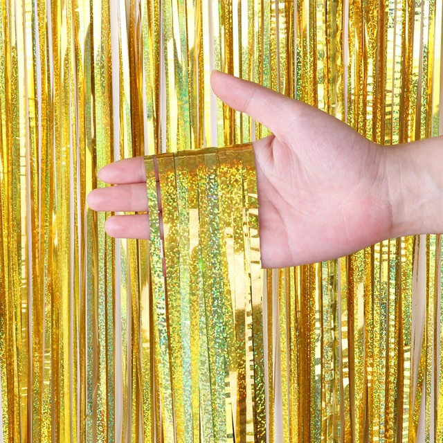Cortinas de fondo para fiesta de despedida de soltera, telón de papel de aluminio con franja de oropel dorada brillante, decoración de cumpleaños o boda, aniversario de adultos Cortinas de fondo para fiesta de despedida de soltera, telón de papel de aluminio con franja de oropel dorada brillante, decoración de cumpleaños o boda, aniversario de adultos