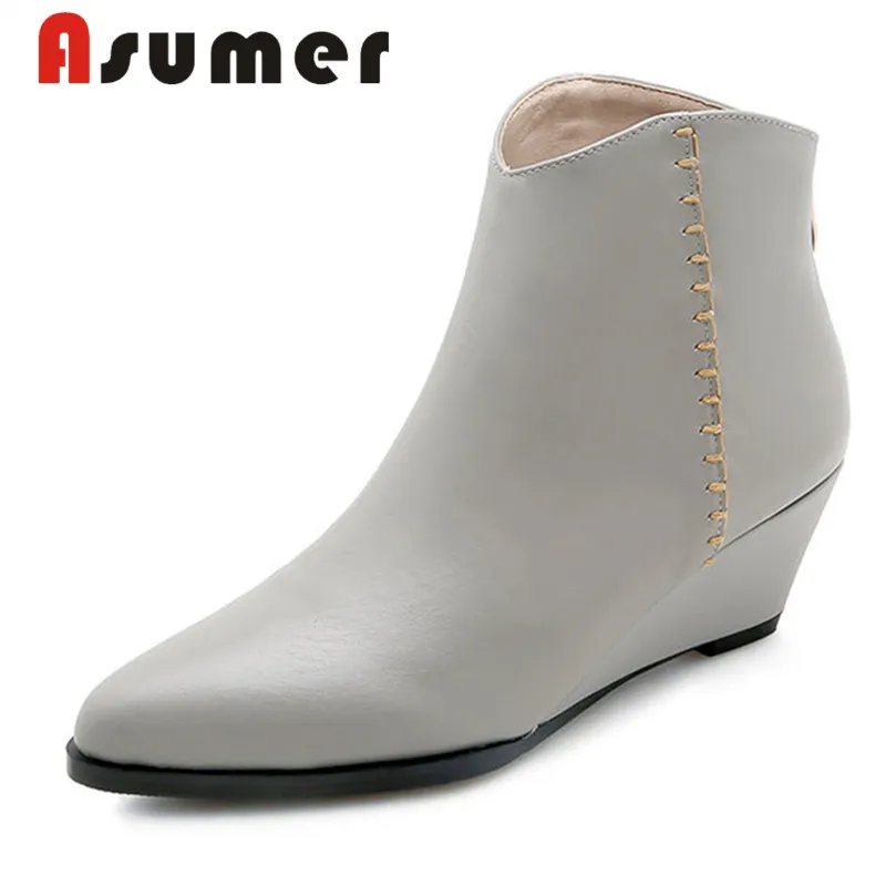 

ASUMER NEW ARRIVE 2018 wedges adult ankle boots for women solid sewing high heels boots pointed toe daily genuine leather boots