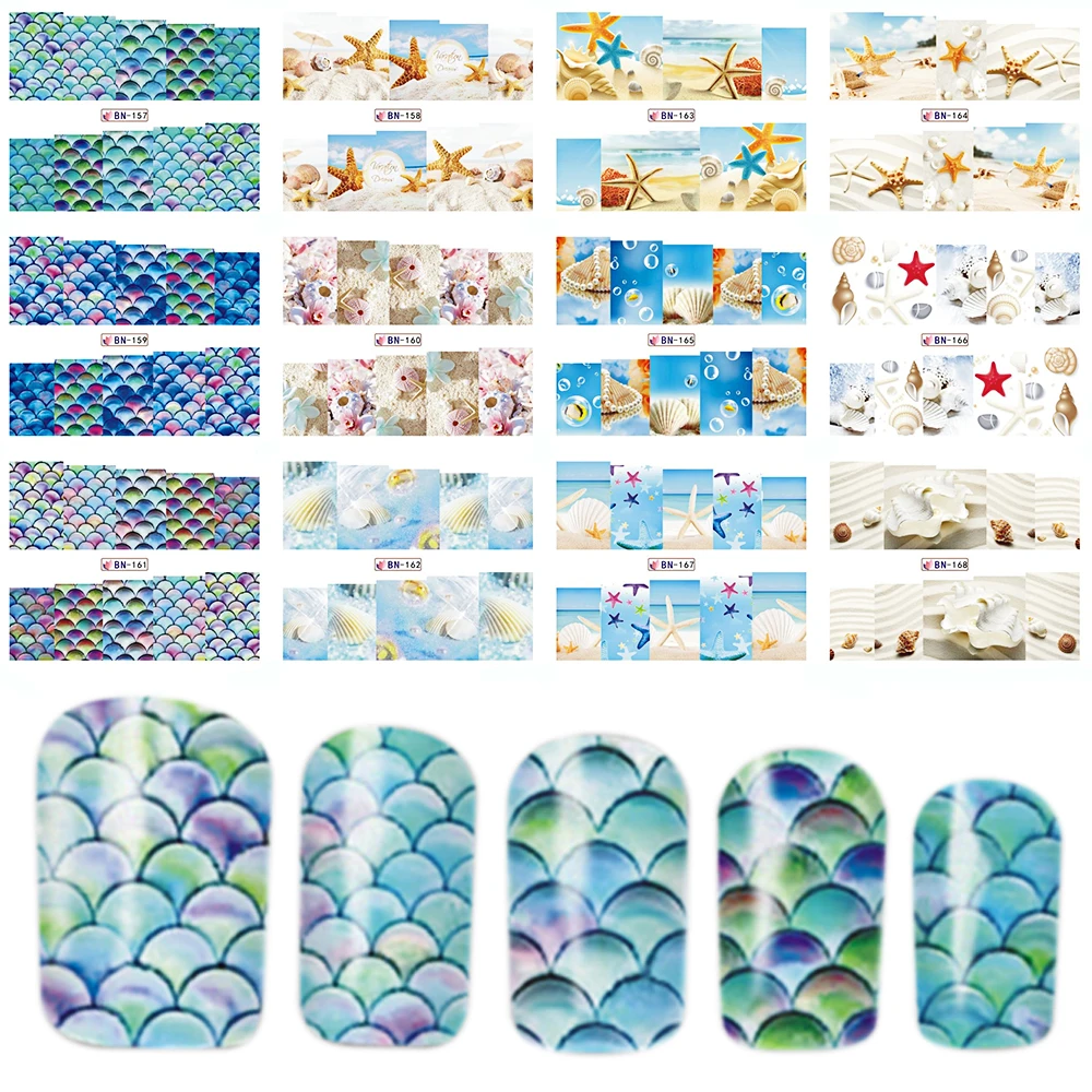 

12 Designs In 1 Set Nail Sticker Ocean/Beach Patterns Decals Water Transfer Image Tattoo Nail Art Decoration Tip Set BEBN157-168