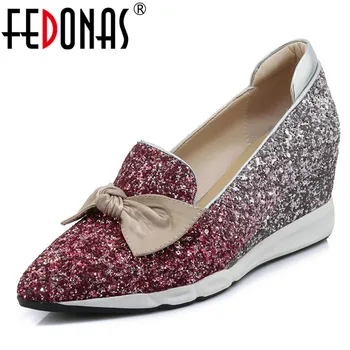 

FEDONAS 2019 Sexy Wedges High Heels Shoes Woman Pumps Bowtie Sequined Cloth Wedding Party Shoes Fashion Night Club Prom Pumps