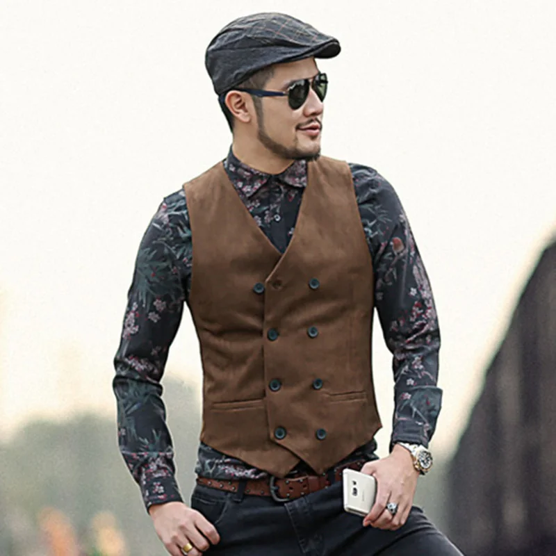 2018 Mens double breasted warm slim casual retro vest Men