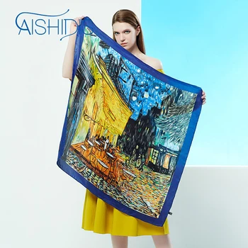 

Aishidis Big Size Square Silk Scarf handkerchief Van Gogh's Works "Van Gogh's Cafe Terrace at Night - Blue Color