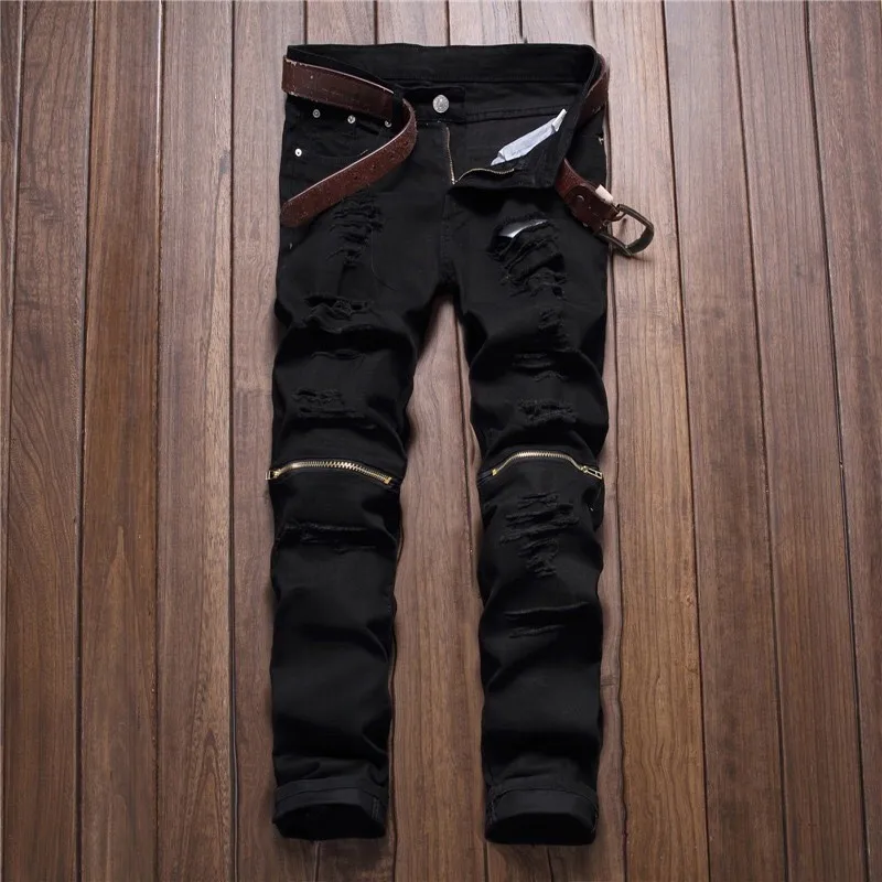 2019 осенние мужские повседневные джинсовые брюки классические ковбойские молодые джинсы с молниями на коленях тонкие мужские брюки