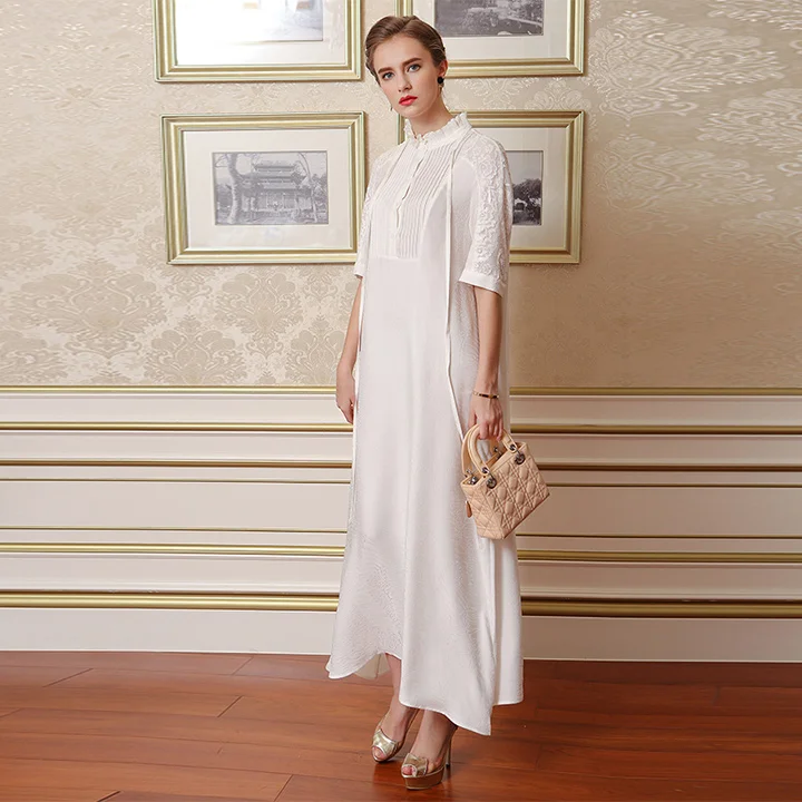 VOA размера плюс, свободное шелковое платье, однотонное, белое, женское, кружевное, винтажное, повседневное, половина рукава, элегантное, с лентой, длинное, летнее, vestidos A7125