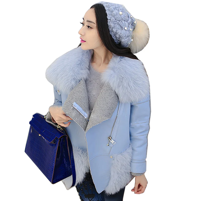 light blue fur jacket