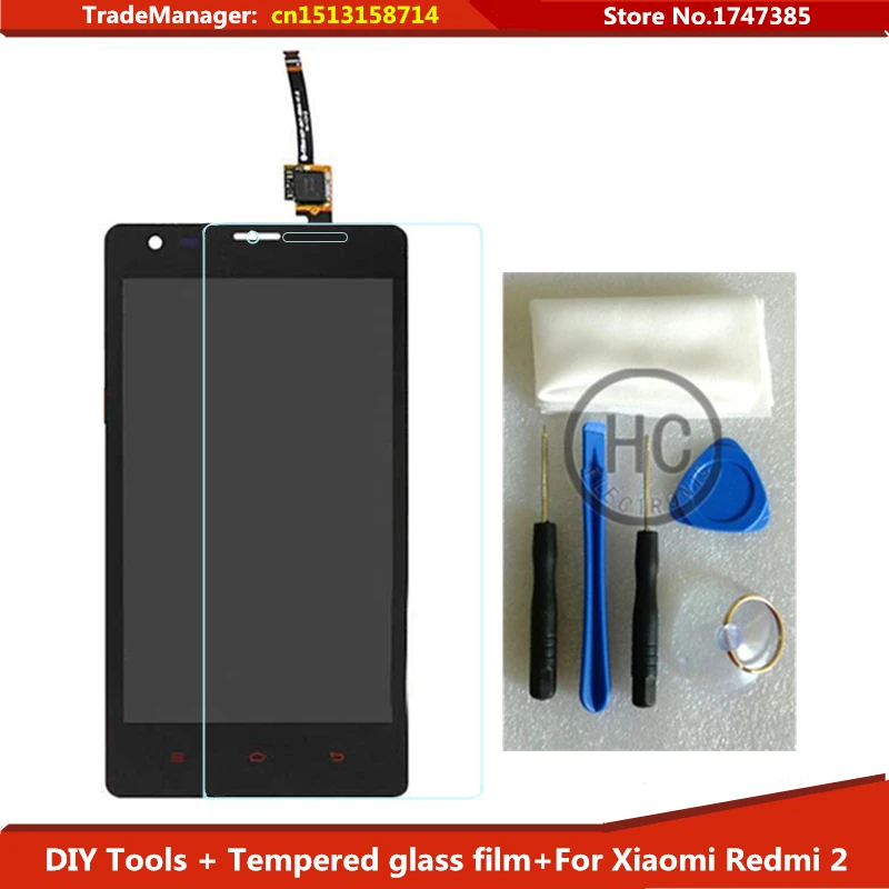 DIY Tools+Tempered glass film + For Xiaomi Redmi 2 LCD Display Touch Screen Glass Panel Assembly for Xiaomi Hongmi 2 Red Rice
