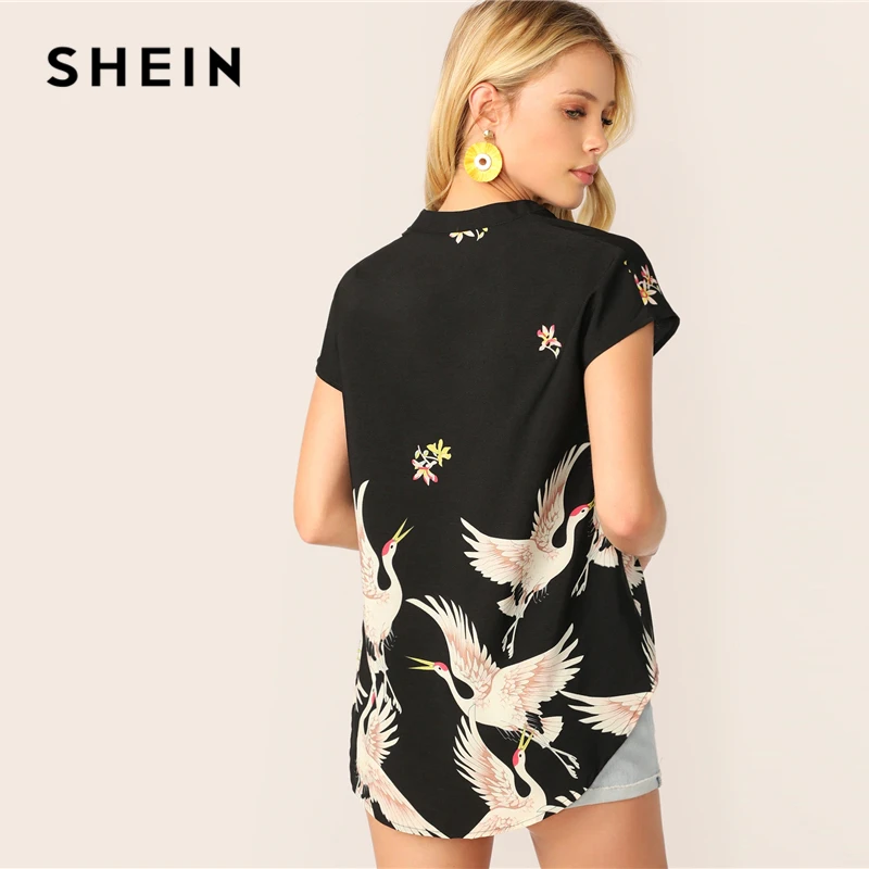 SHEIN Модная стильная женская блузка с v-образным вырезом и цветочным принтом фламинго и асимметричным подолом, черные летние топы с рукавами-крылышками