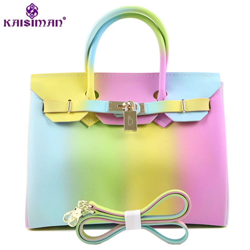 

Super Luxury Fashion Rainbow Color Women Tote Bag Platinum Handbag Famous Brand Lock Designer Lady Top-handle Jelly Shoulder Bag
