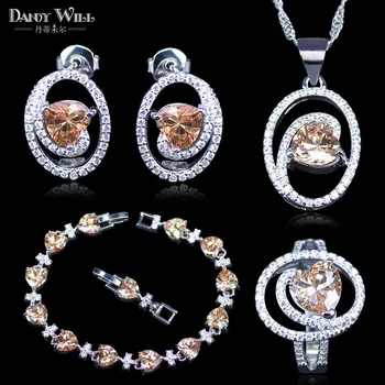 

Trendy Attractive Champagne Yellow Heart Square Cubic Zirconia Crystal Silver Color Bracelets Jewelry Set For Women