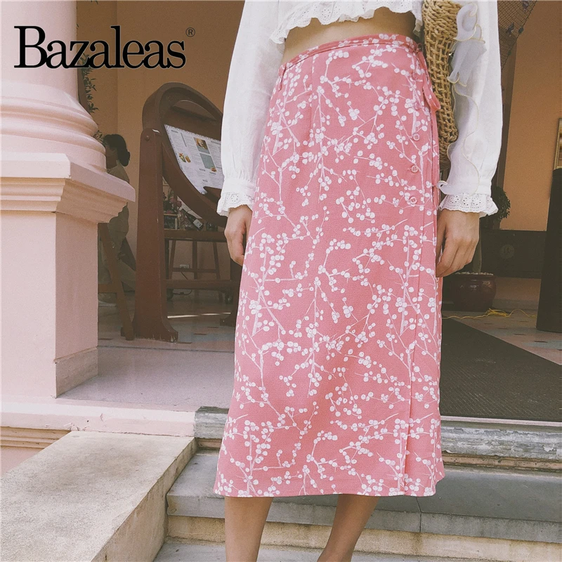 Bazaleas, модная женская юбка, Ретро стиль, миди, тонкая юбка с завязками на талии, повседневная юбка с цветочным принтом, Женская юбка с разрезом