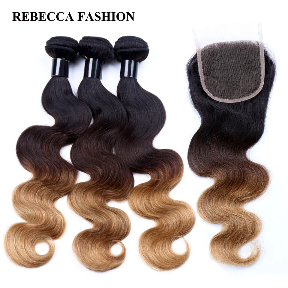 Rebecca Remy Human Hair 3 Bundles with Closure Ombre Body Wave Brown Blonde Brazilian Hair Weave Bundles 4x4 Lace Closure T1b427 brazilian-body-wave-closure