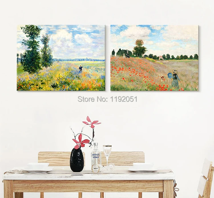 

Картина на холсте без рамок, пейзаж, Клод Моне, слепка мака в серебристо-красном массе, воспроизведение шедевра 1873 1875