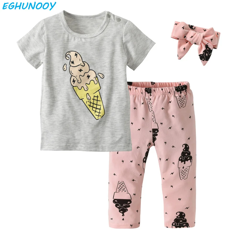 

Summer Toddler 3Pcs Outfit Baby Girl Clothes Fashion Ice Cream T-shirt+Pants+Headband Infant Baby Girls Clothing Sets
