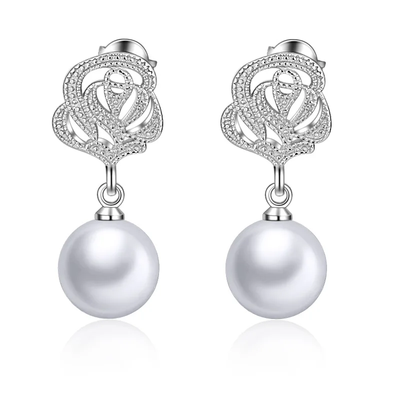 

New arrival 925 sterling silver fashion rose flower imitation pearl ladies`stud earrings jewelry women Anti allergy gift girls