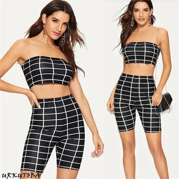 

2019 Women Plaid Sets 3PCS Clothes Sexy Strapless Pullover Sleeveless Crop Top + High Waist Shorts Set Clubwear Slim Fit Sets