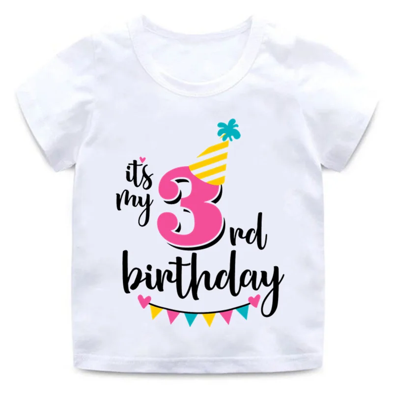 Забавные принты с надписями, футболка с надписью «Happy Birthday Number» для детей 1-8 лет, летние белые топы для маленьких девочек, футболка с номером для дня рождения