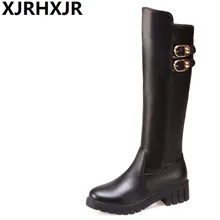 Xjrhxjr высокие сапоги с боковой застёжкой-молнией Для женщин Зимняя Теплая обувь модные сапоги до колена с пряжкой Сапоги для верховой езды женские круглый носок черный, белый цвет Сапоги и ботинки для девочек