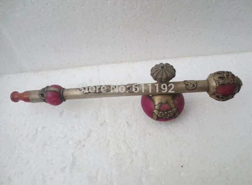 

Collectible Decoration Asian antique Tibetan silver red jade carved dragon smoking pipe Metal Crafts