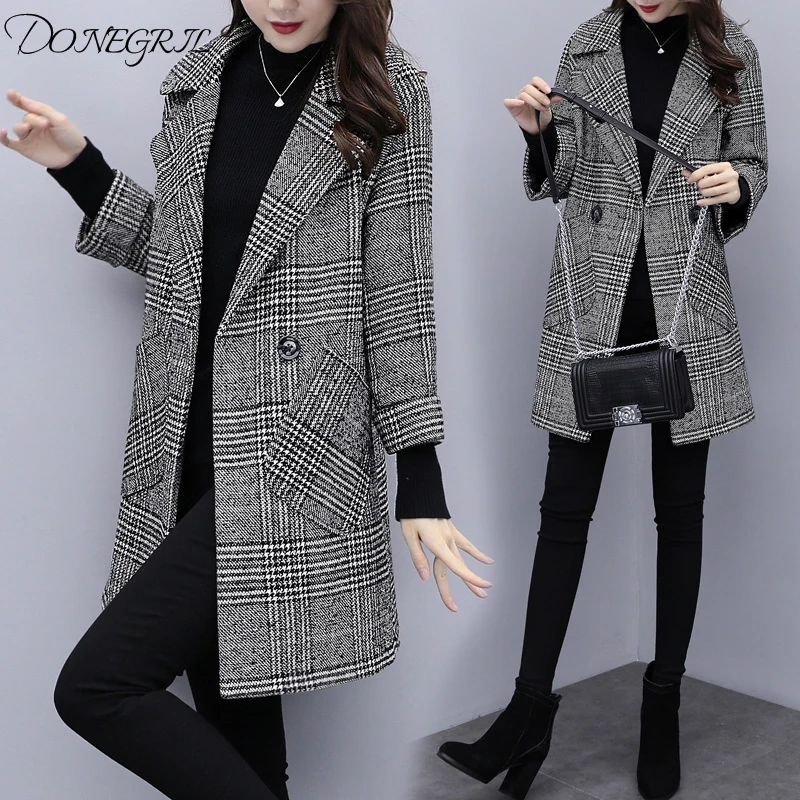 2019 Весна и Осень Зима Новая Корейская версия свободного тонкого клетчатого шерстяного пальто длинное шерстяное пальто женское