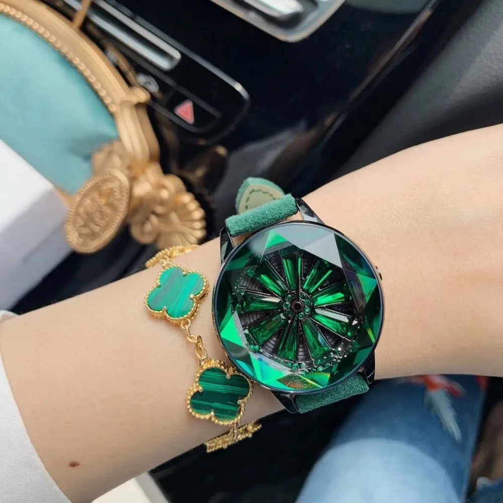 Очень красивые женские часы с зелеными кристаллами, граненые Звездные часы, вращающиеся цветы, водонепроницаемые часы с кожаным ремешком, вращающиеся часы Montre