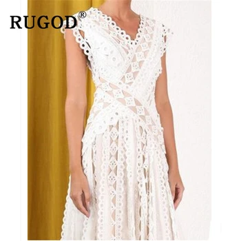

RUGOD Sexy lace hollow out white women dress Vintage V neck slim irregular midi party dresses Fashion sleeveless summer dresses
