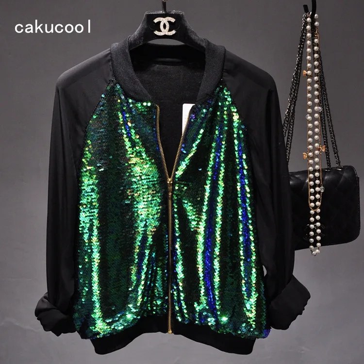 

Cakucool Women Sequined Bomber Jacket Coat Mesh Long Sleeve Baseball Jacket Casual Beading Shiny Slim Thin Women Jacket Overcoat