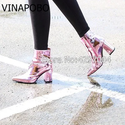 Vinapobo/женские ботильоны розового, серебристого, золотого цвета; ботинки с острым носком на не сужающемся книзу высоком массивном каблуке; зеркальные женские туфли-лодочки; пикантная женская обувь на шпильке