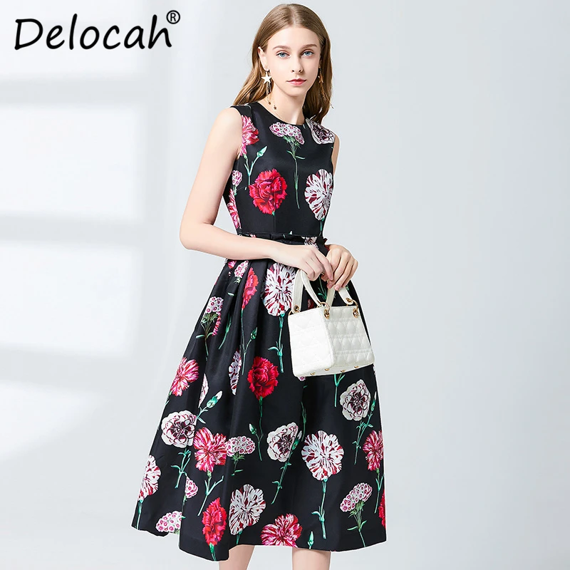 

Delocah Women Spring Summer Dress Runway Fashion Designer Sleeveless Flower Printed Elegant Big Pendulum A-Line Ladys Dresses