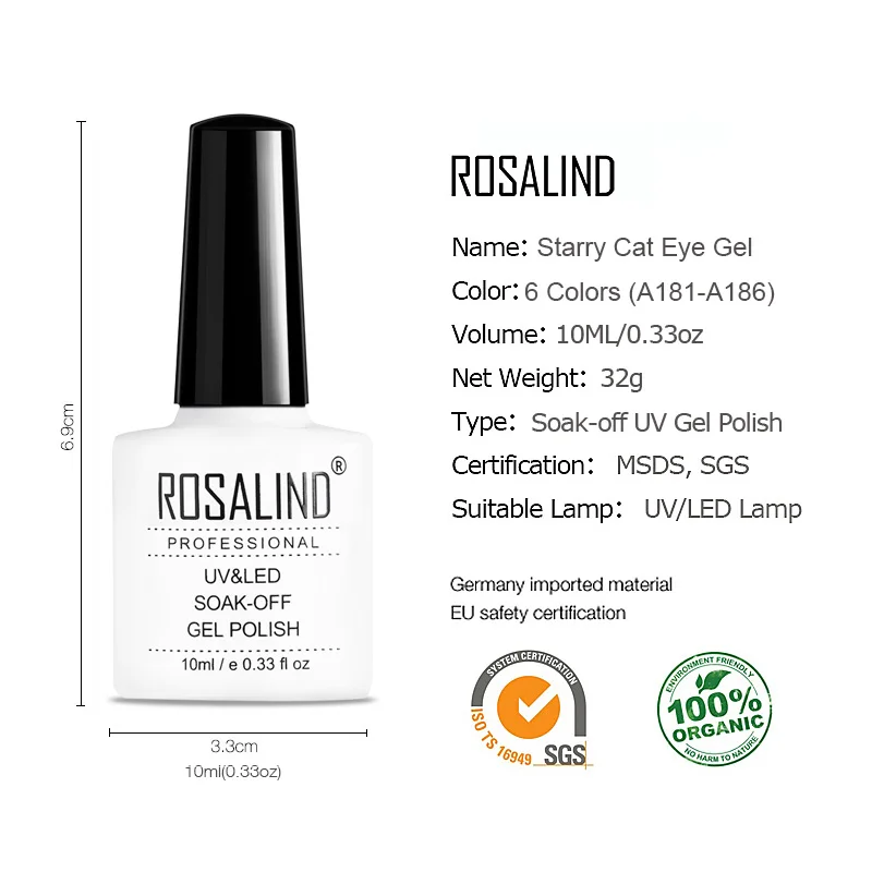 ROSALIND Gel 1S Nail Polish 10ml Starry Cat Eye UV Led Gel Nail Varnish Cured Need Base Top Coat for DIY 3D Nails Art Manicure