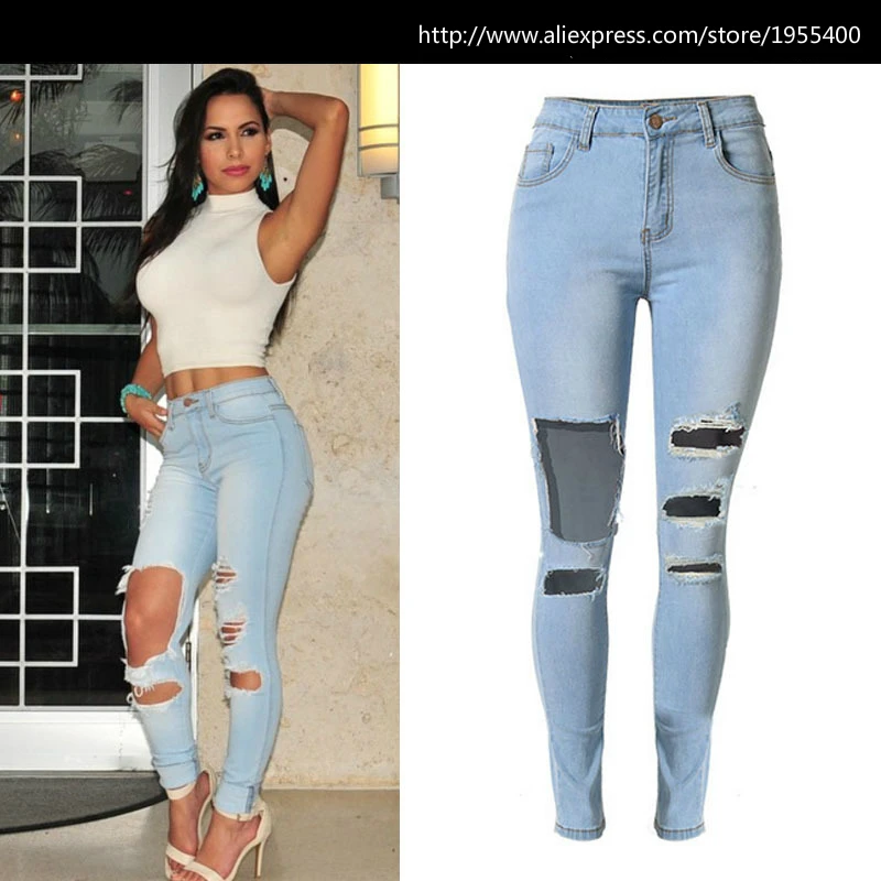 High Waist Light Blue Skinny Jeans Women Fashion Hole Hollow Out Ripped Jeans Femme High Street Style Push Up Slim Denim Pants Denim Style Fashion Denimlight Blue Skinny Jeans Aliexpress