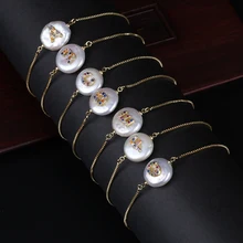 Красочный cz начальный 26 Алфавит имя буквы Шарм Натуральная монета пресноводного жемчуга бисера специальный изящный золотой тонкий браслет для женщин